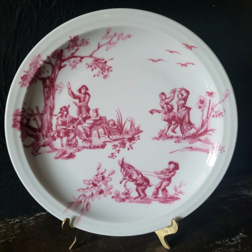 Antique French Aluminite Frugier Pink Toile Decorative Porcelain Plate - 8.625"
